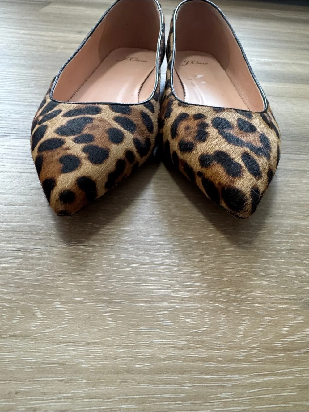 J. Crew Leather Pointed-toe Flats In Leopard Calf Hair Sz 11